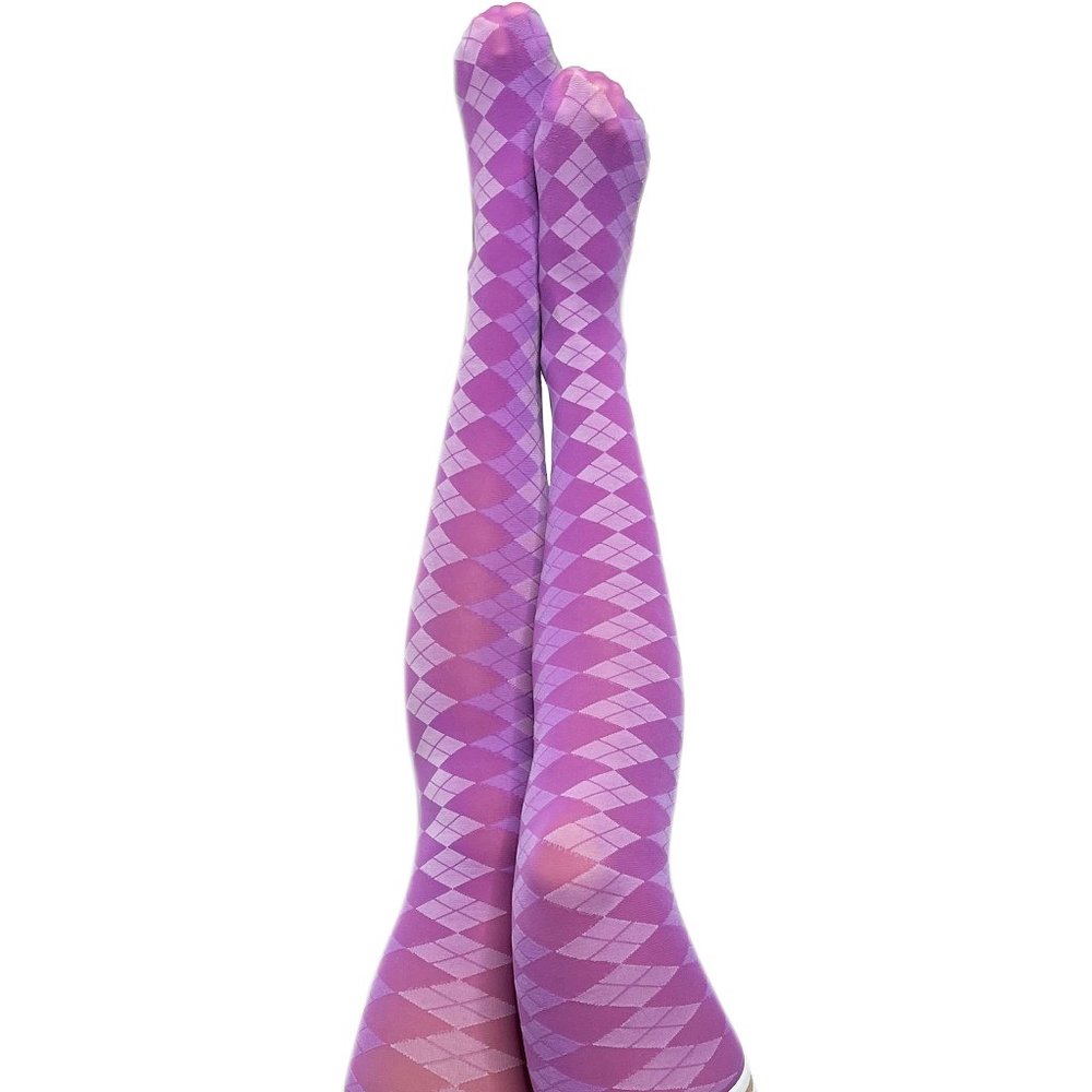 Kixies Par 4 Purple Argyle Thigh High Stockings No Slip Grips Size B NEW